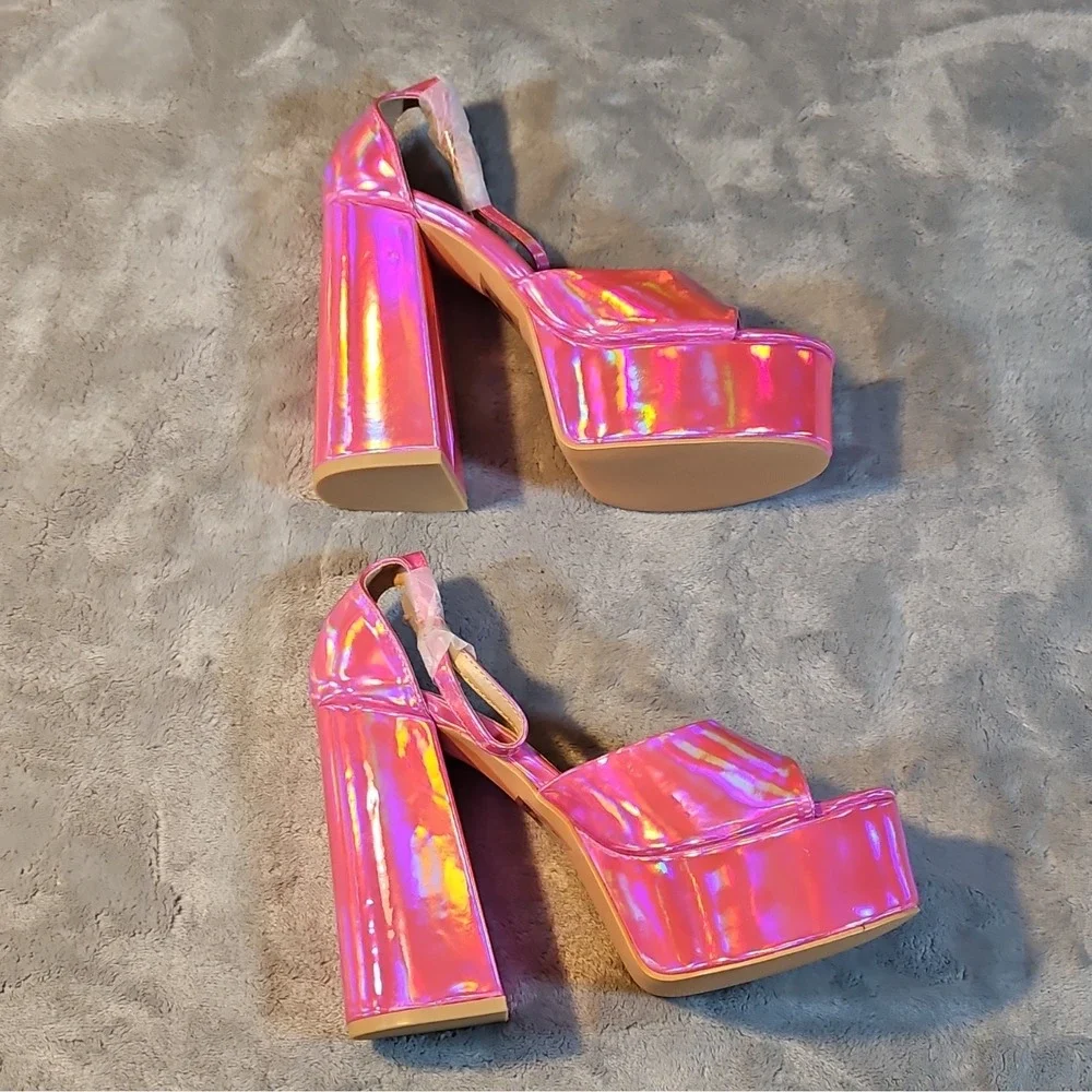 Kayleen Pink Synthetic Platform Block Heel Ankle Strap Open Toe Buckle 6